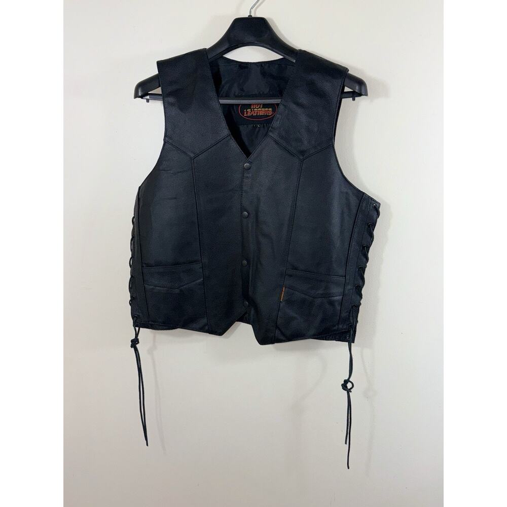 Hot Leathers Leather Vest Men’s L Black Lace Side Biker Motorcycle Y2K Rider